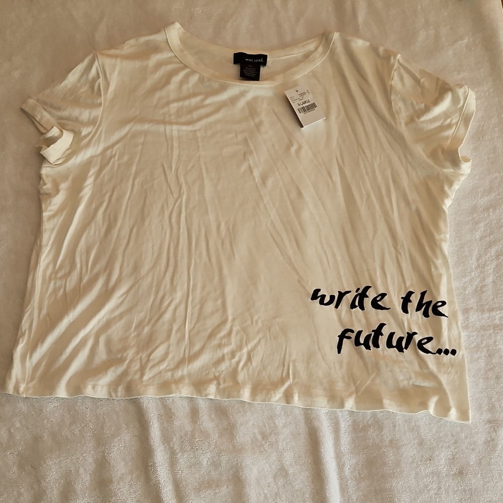 Wet Seal White Rayon Crew Neck Graphic Print Short Sleeve‎ T-Shirt Size XL
